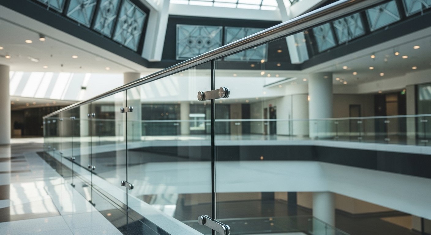 Glass railing with stainless steel top rail and standoff fittings on a multi-level atrium corridor with skylight