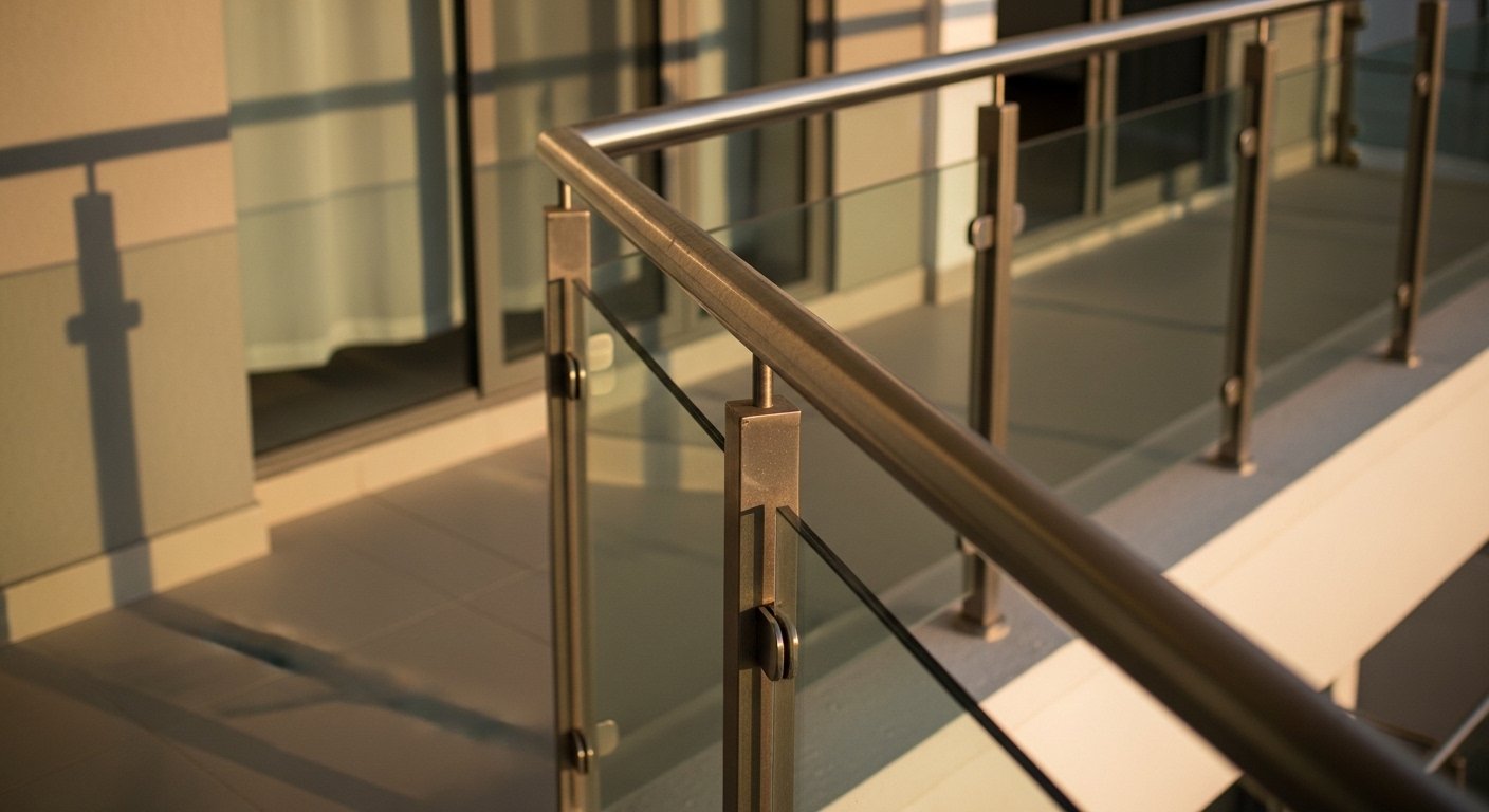 Glass railing for balcony SS304 round post glass infill on high-rise apartment Hyderabad by Sun Railings