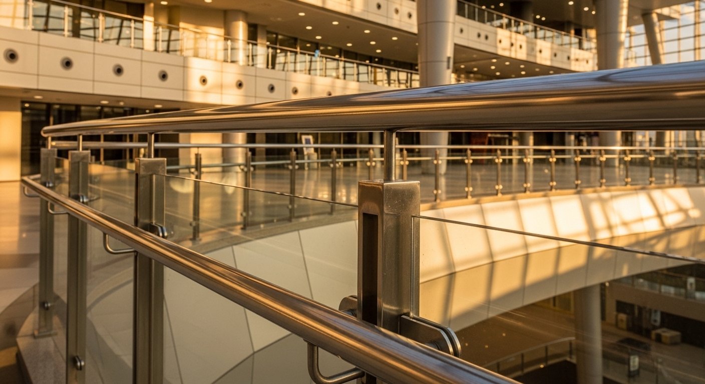 Top mounted glass railing close-up — SS post with glass infill panels commercial atrium Hyderabad by Sun Railings