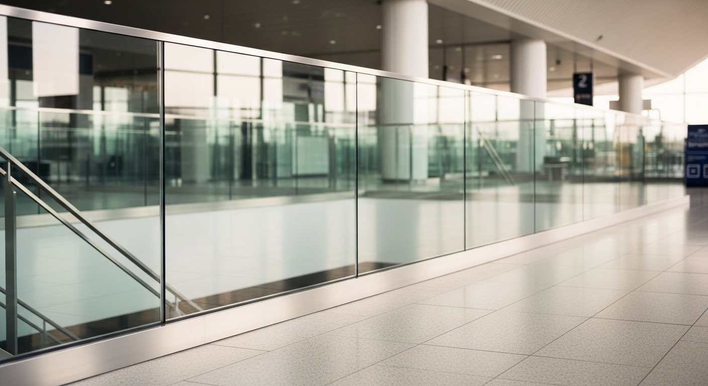 Glass infill elevated walkway airport corridor railing