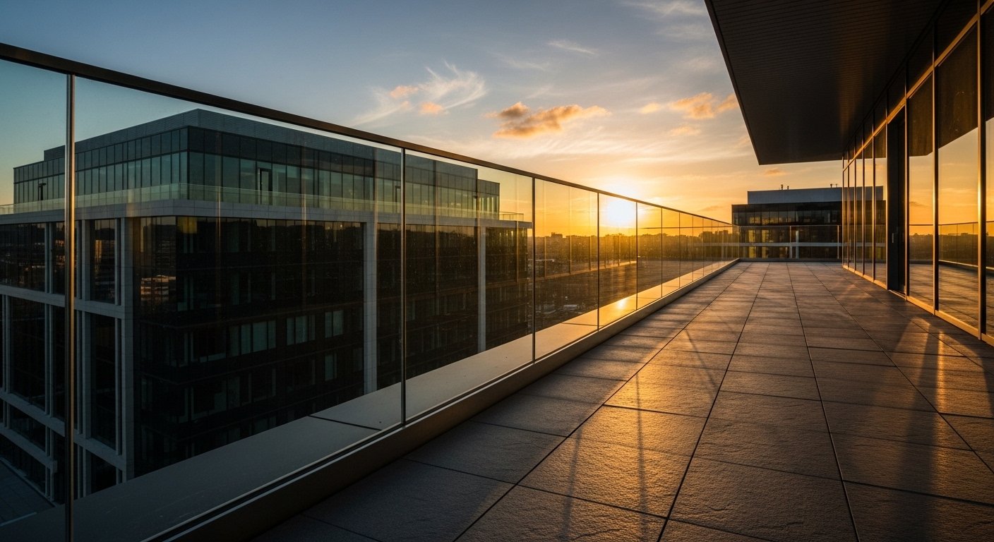 Frameless glass terrace railing on commercial rooftop — architectural railing project