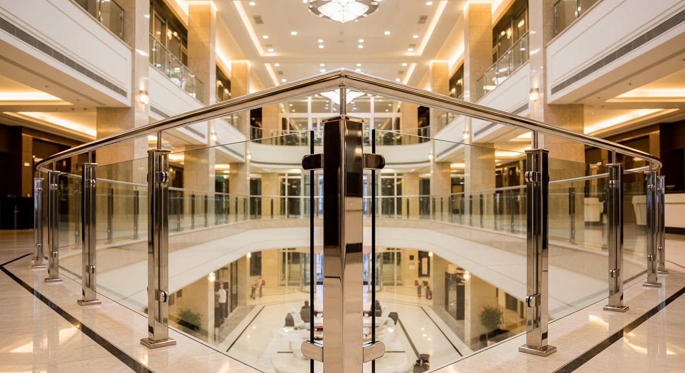 Steel balustrade — SS post with glass infill railing in commercial building lobby Hyderabad by Sun Railings