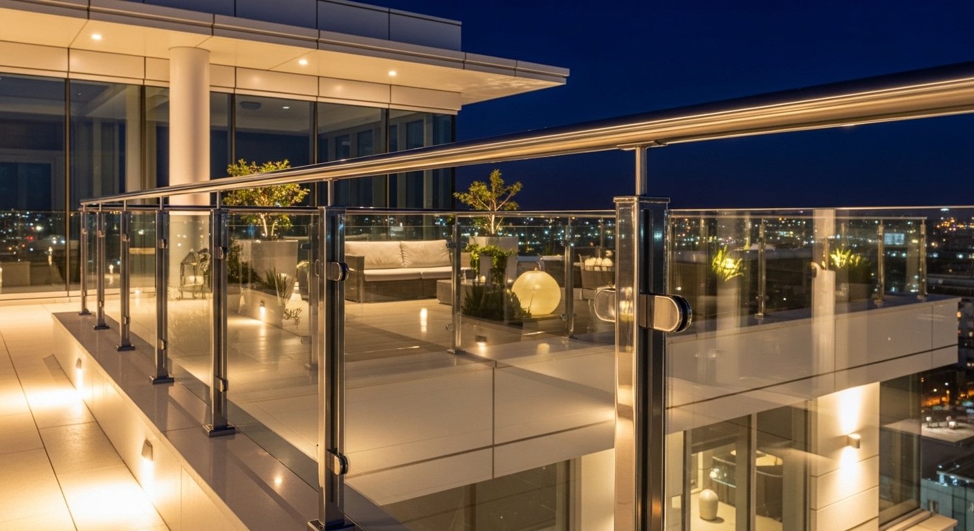 Glass infill balcony railing villa Hyderabad by Sun Railings