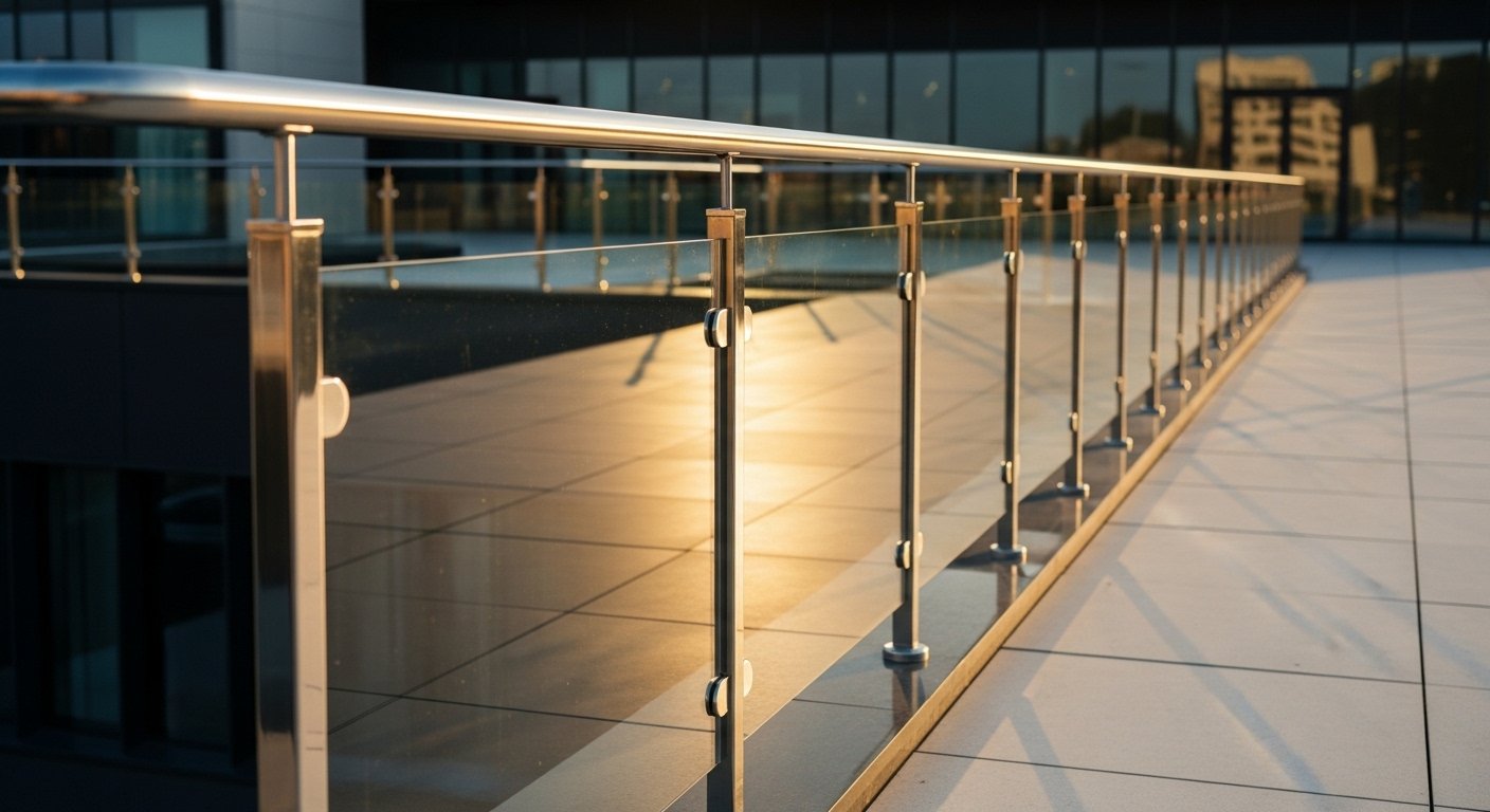 Outdoor stainless steel railing with glass infill on a commercial exterior facade in Hyderabad