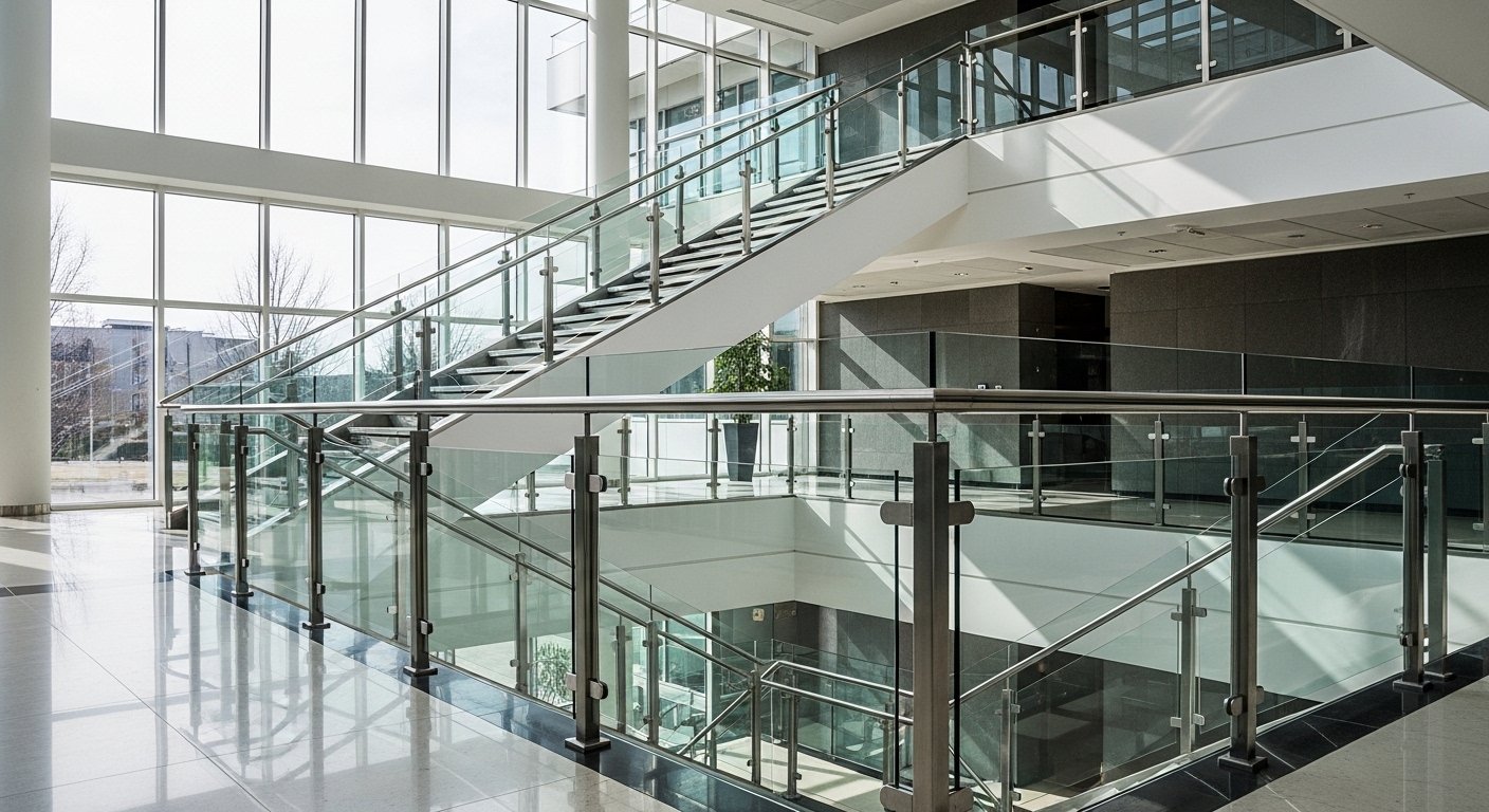Atrium frameless glass railing commercial building