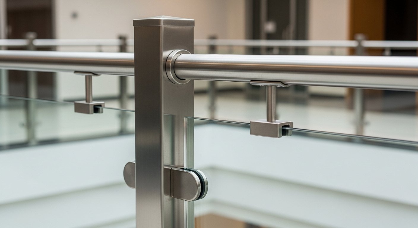 Close-up detail of SS304 square post and toughened glass infill railing by Sun Railings Hyderabad