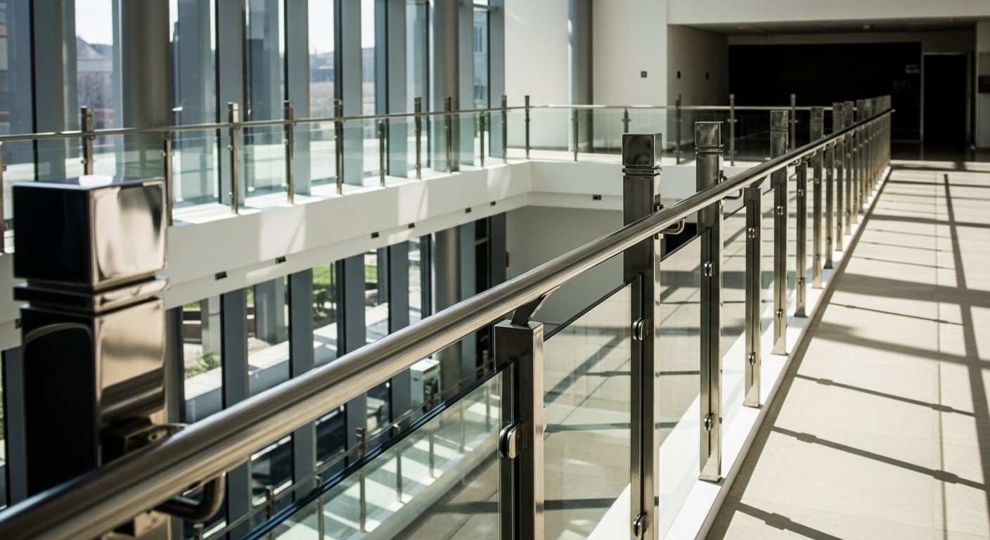 Stainless steel mezzanine platform railing installed at a commercial industrial facility in Hyderabad