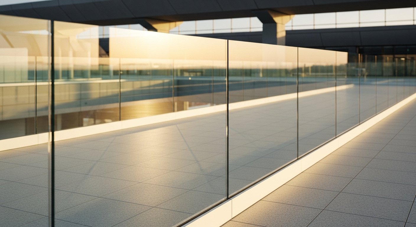 Channel system glass railing floor-mounted — frameless glass terrace with LED illuminated base channel Hyderabad by Sun Railings