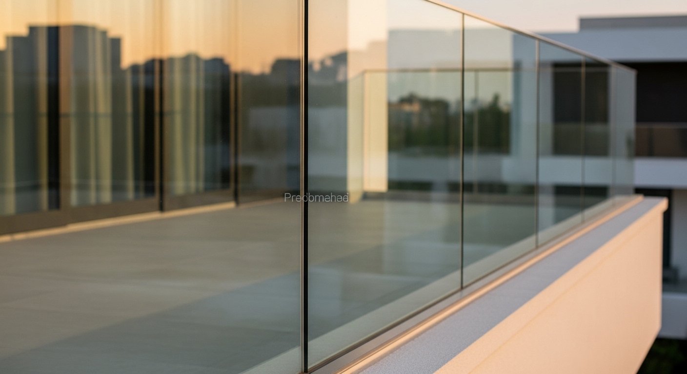 Frameless glass railing with base channel installation at a commercial complex in Hyderabad by Sun Railings