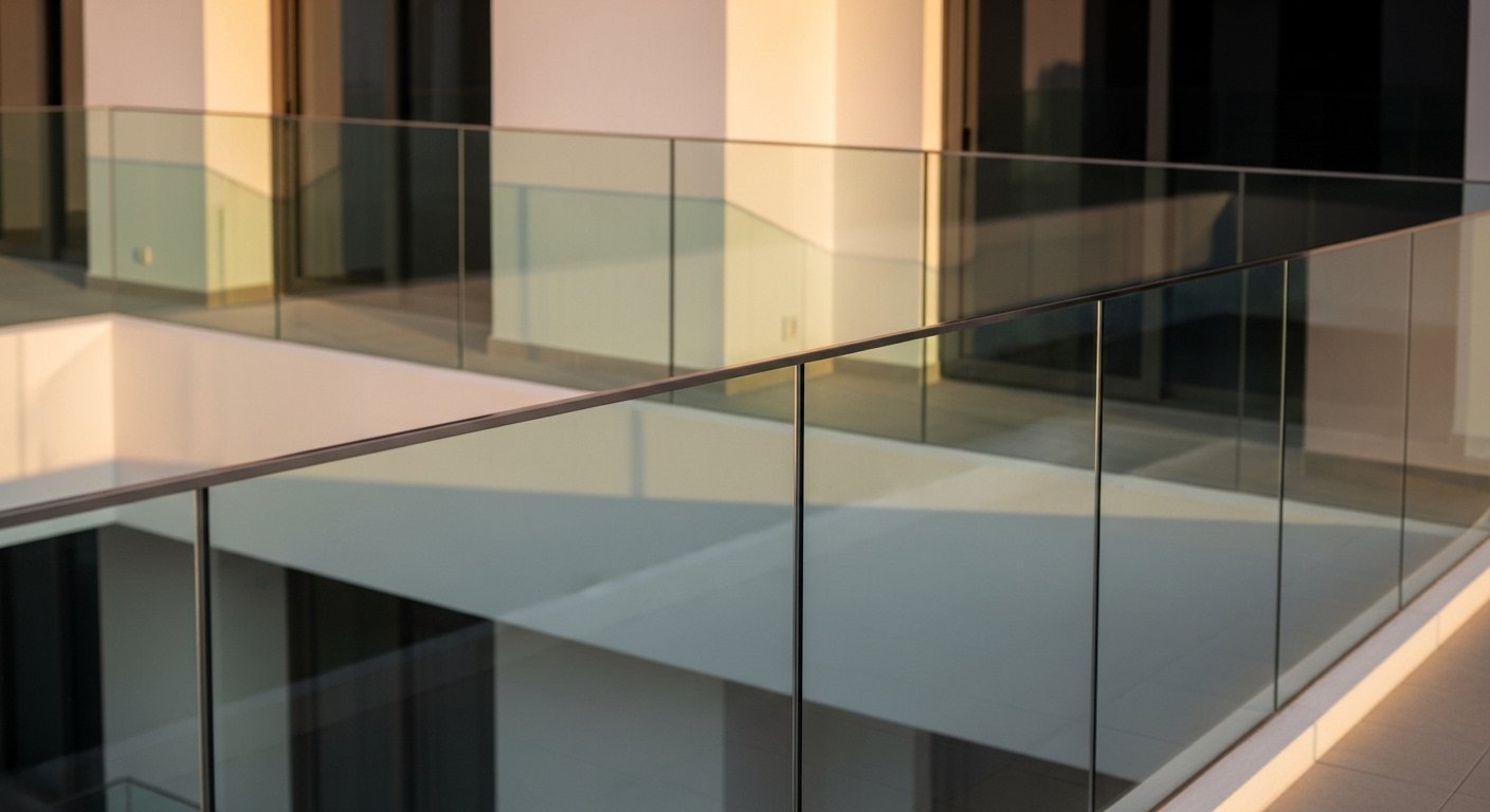 Channel system glass railing — frameless glass with LED illuminated base channel multi-floor commercial building Hyderabad