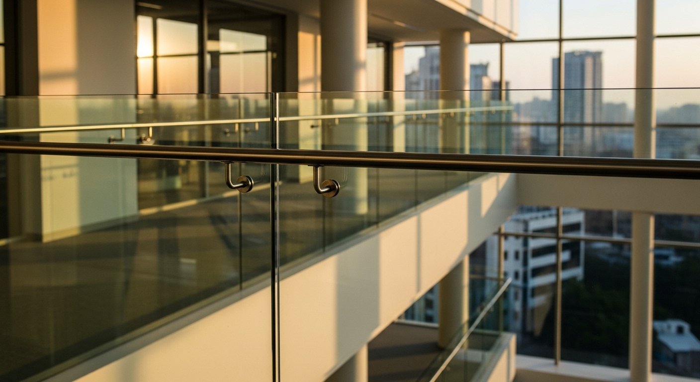 Glass railing Hyderabad IS 2553 toughened safety glass frameless and semi-frameless by Sun Railings