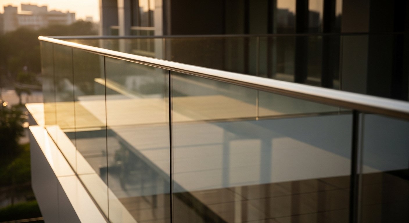 Semi-frameless glass railing at commercial office campus — Sun Railings architectural systems