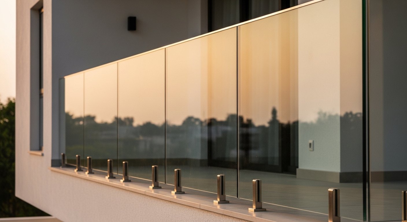 Glass railing price per sq ft India — semi-frameless SS post glass panel system commercial building Hyderabad by Sun Railings