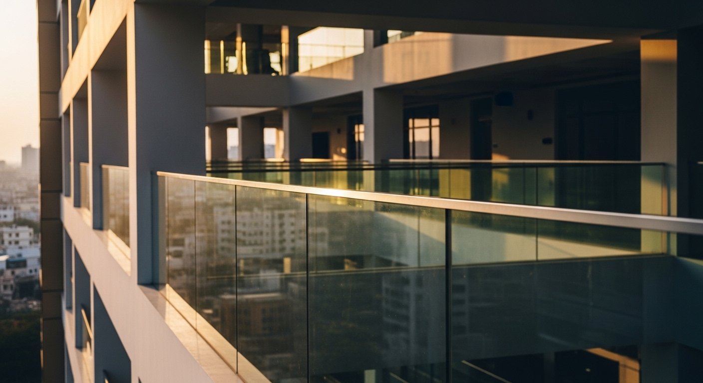 Semi-frameless glass railing with SS standoff buttons and top handrail on multi-storey commercial building — glass railings Hyderabad