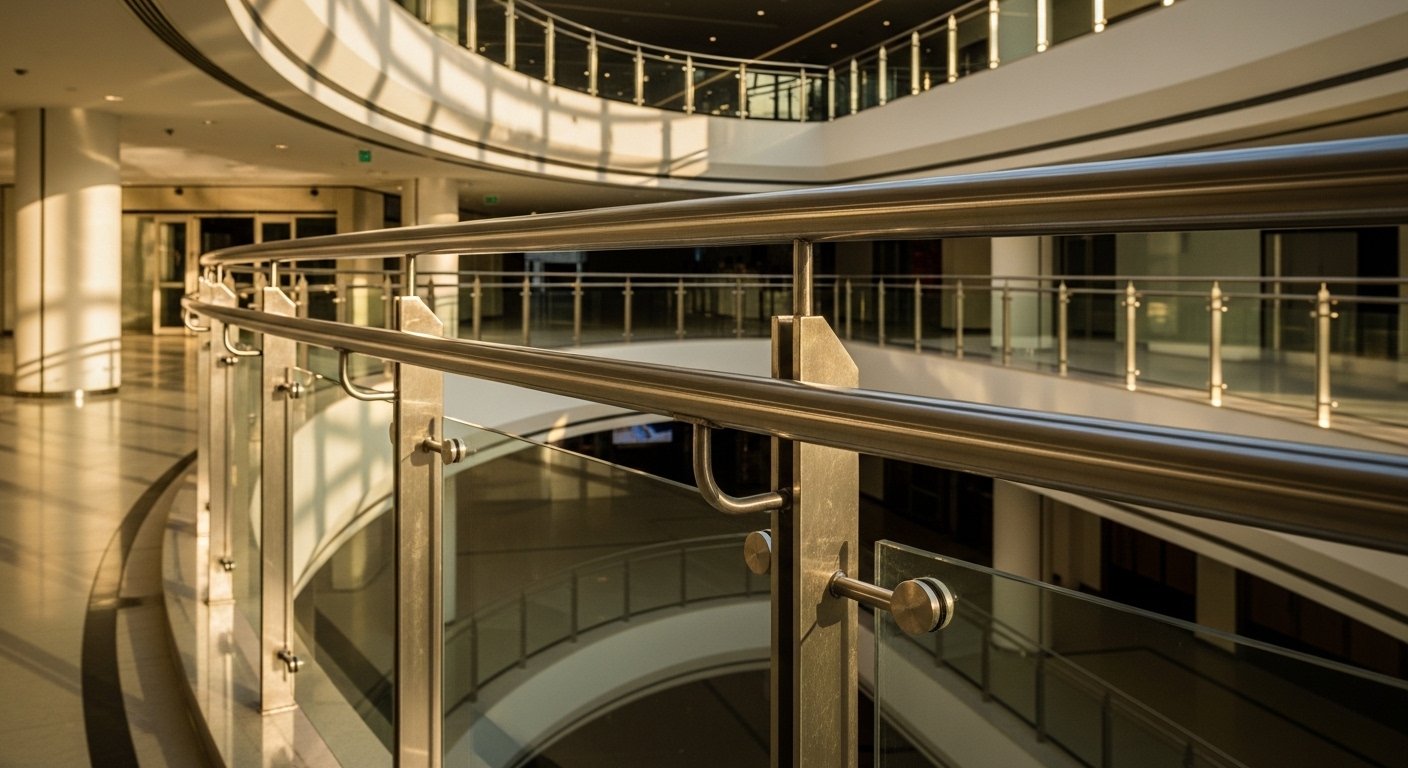 Stainless steel and glass railing installation at a commercial building in Hyderabad by Sun Railings