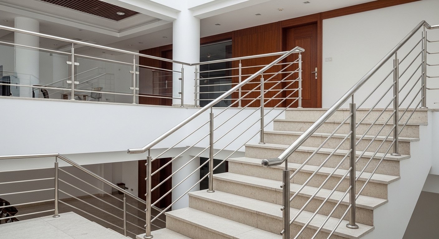 Railing price per foot India — SS304 round post horizontal bar staircase railing in commercial building lobby Hyderabad by Sun Railings