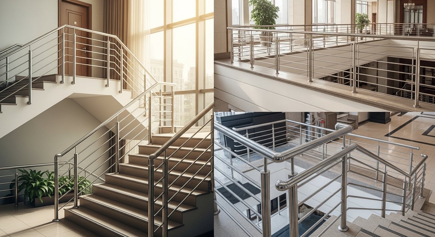 Railing price per foot India — stainless steel horizontal bar staircase mezzanine railing commercial buildings Hyderabad by Sun Railings