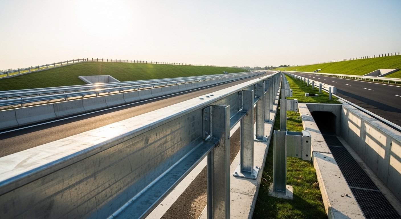 W-Beam highway crash barrier installation