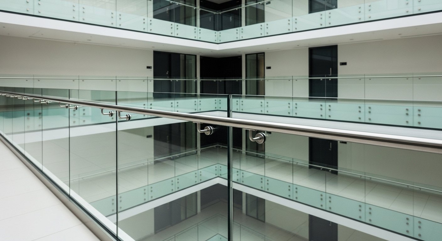 Glass railing with stainless steel handrail and standoff brackets in a multi-floor square atrium with teal-tinted glass panels