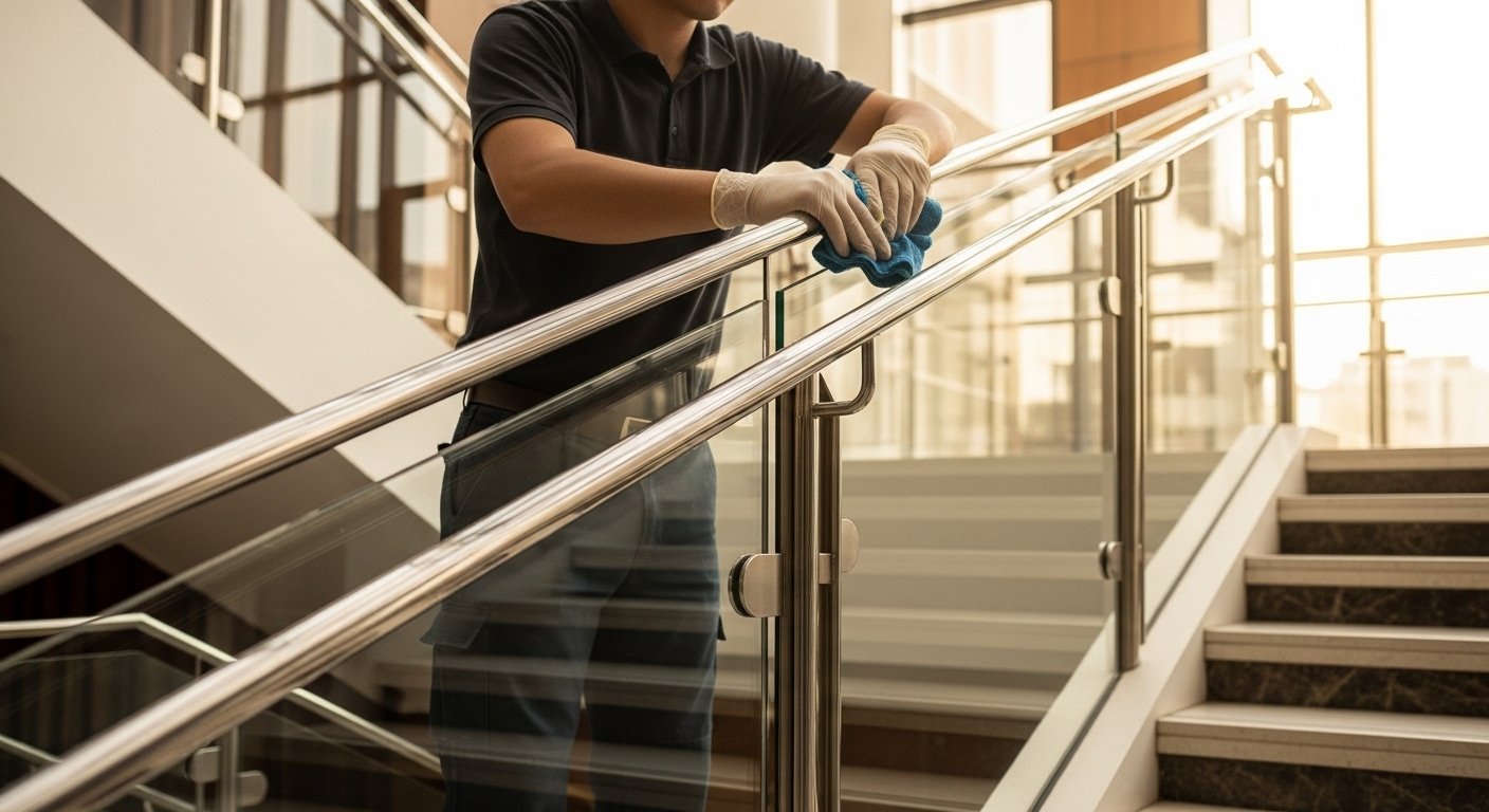 Glass railing installation — technician cleaning SS handrail on glass infill staircase Hyderabad by Sun Railings
