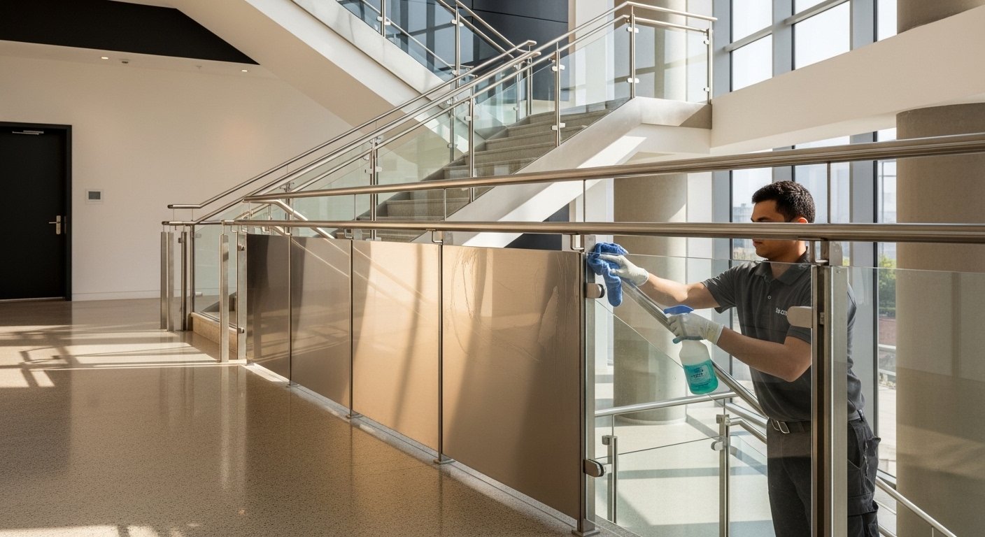SS handrail and toughened glass panel railing on commercial building staircase — Sun Railings Hyderabad