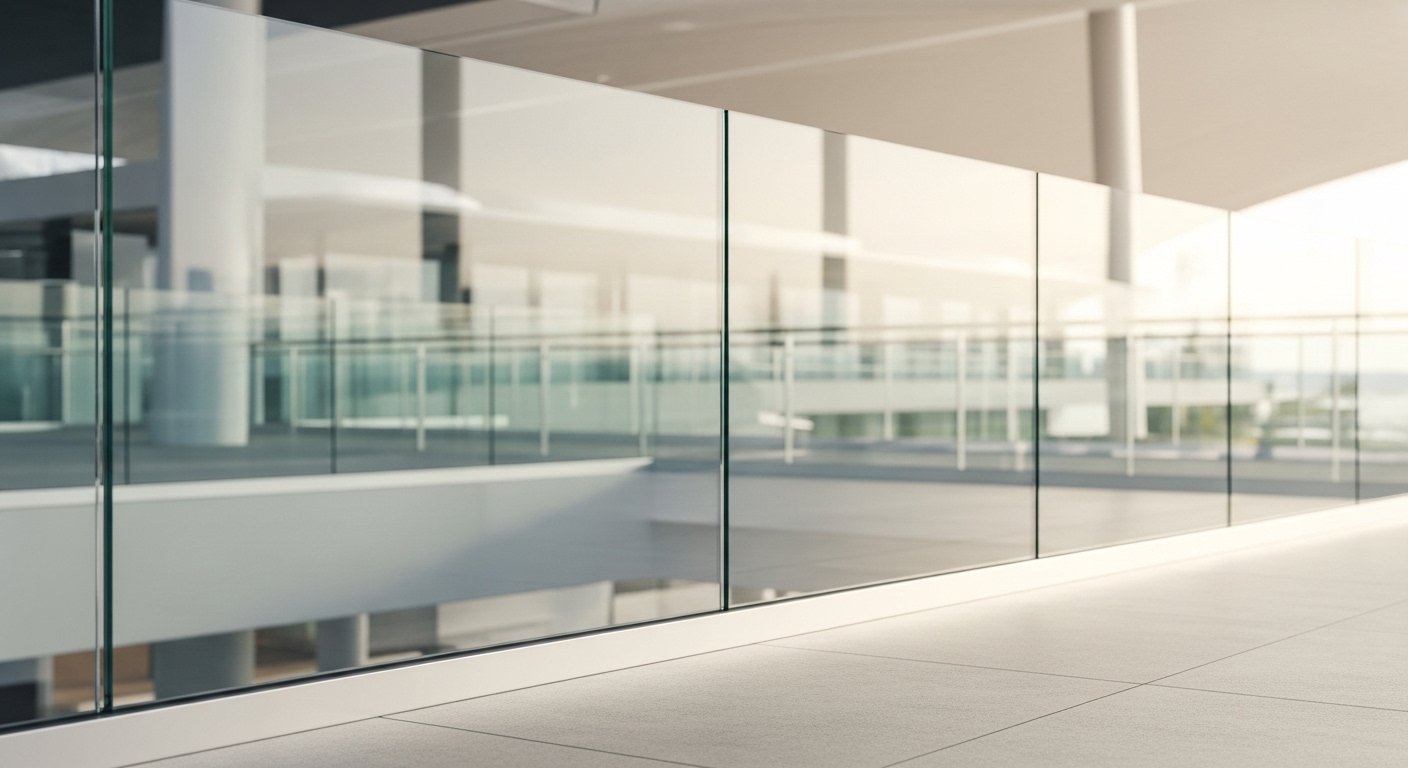 Top mounted glass railing — frameless glass without top rail in outdoor corridor Hyderabad by Sun Railings