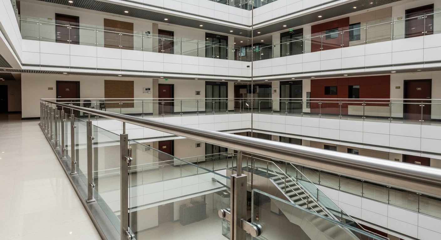 Stainless steel glass railing Hyderabad SS post with glass infill hero installation by Sun Railings