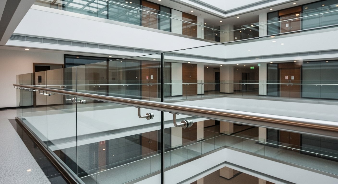 Stainless steel SHS post glass railing installed in a commercial atrium in Hyderabad by Sun Railings