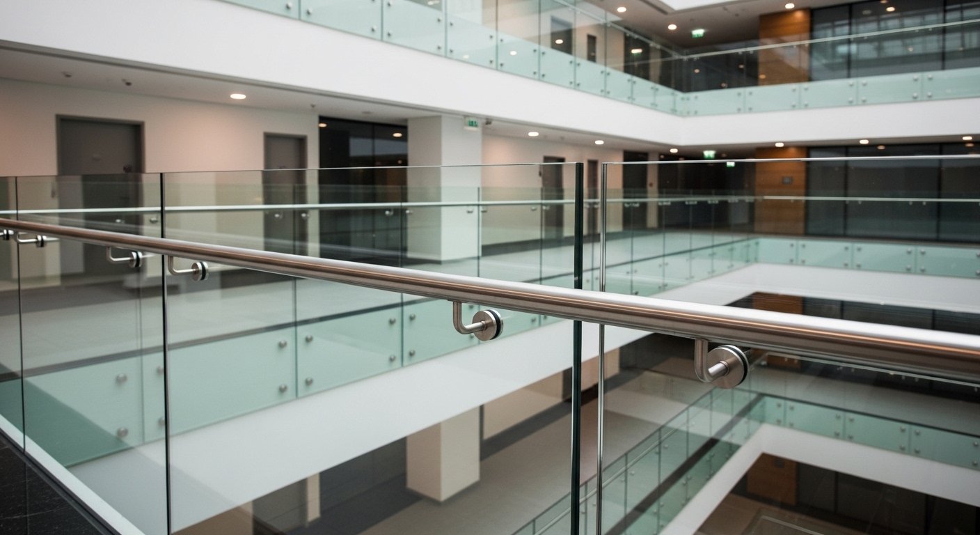 Stainless steel round post glass railing premium system installed in Hyderabad by Sun Railings