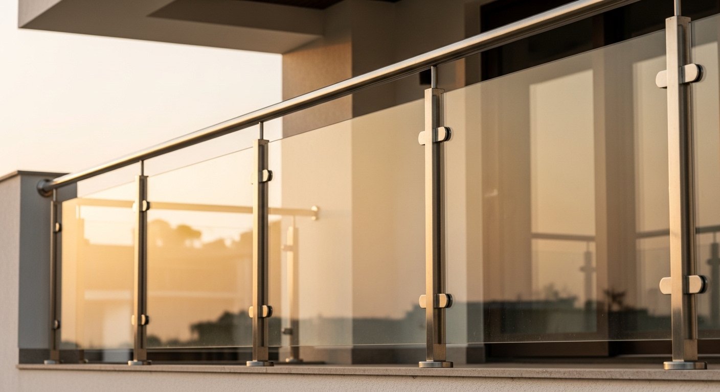 Close-up detail of stainless steel railing post, handrail, and glass infill by Sun Railings Hyderabad