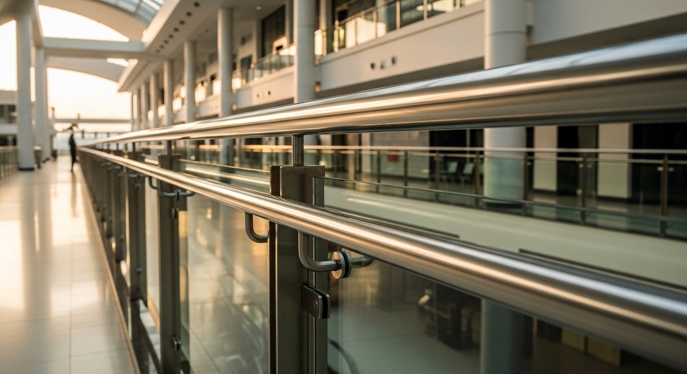Stainless steel railing with dual tube handrails, U-bracket post fittings, and glass infill panels in a long commercial interior corridor