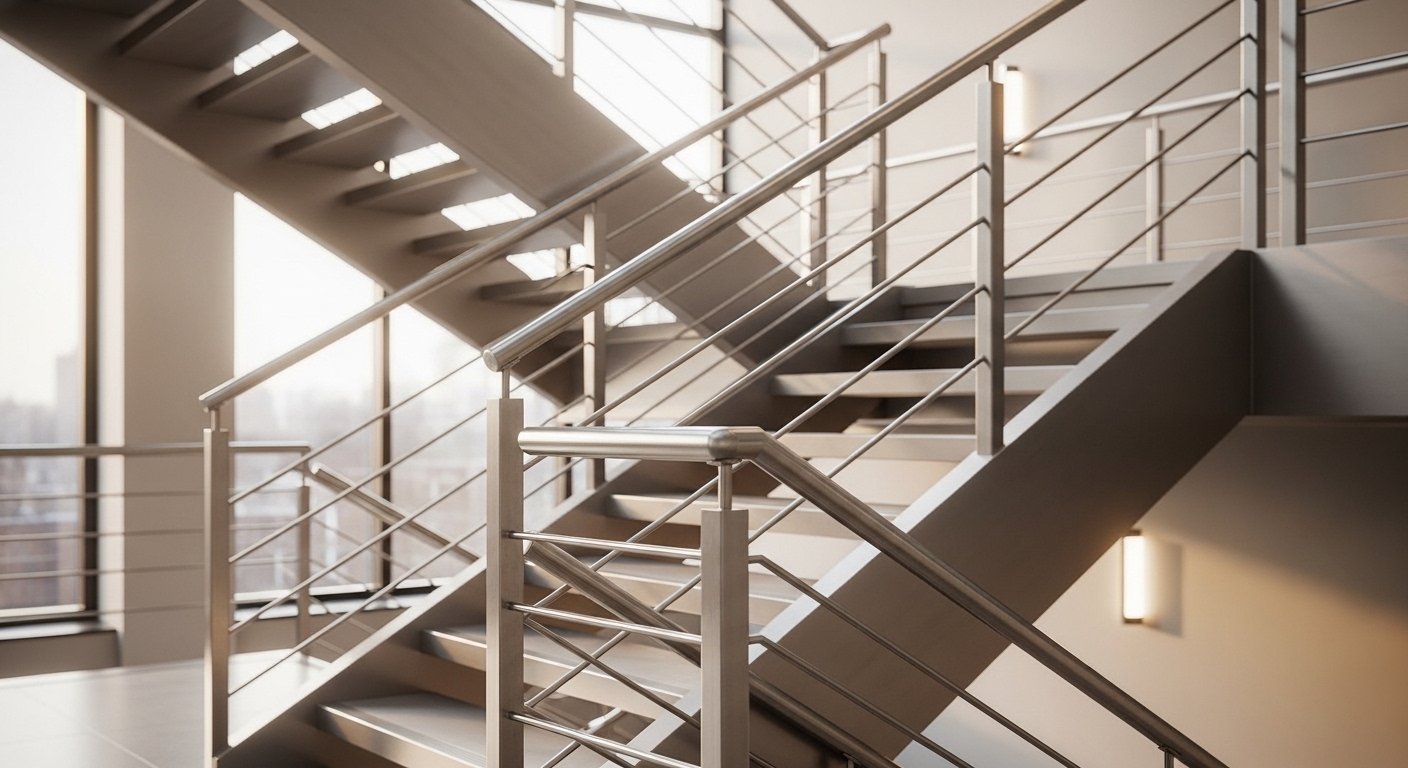 SS304 vs SS316 railing — SHS post horizontal bar staircase railing in commercial building Hyderabad by Sun Railings