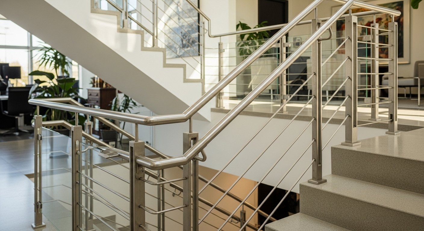 SS304 railing — round post horizontal bar staircase with glass infill commercial lobby Hyderabad by Sun Railings