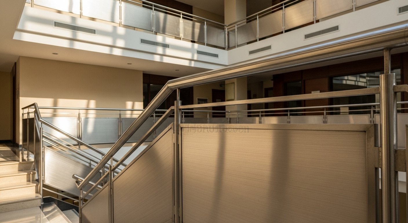 Stainless steel railings Hyderabad — SS304 round post and horizontal bar railing installed at a commercial building by Sun Railings Jeedimetla