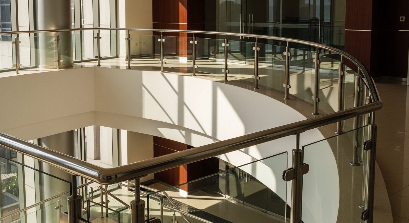 Stainless steel railing with round post and cable infill installed at an IT park in Hyderabad by Sun Railings