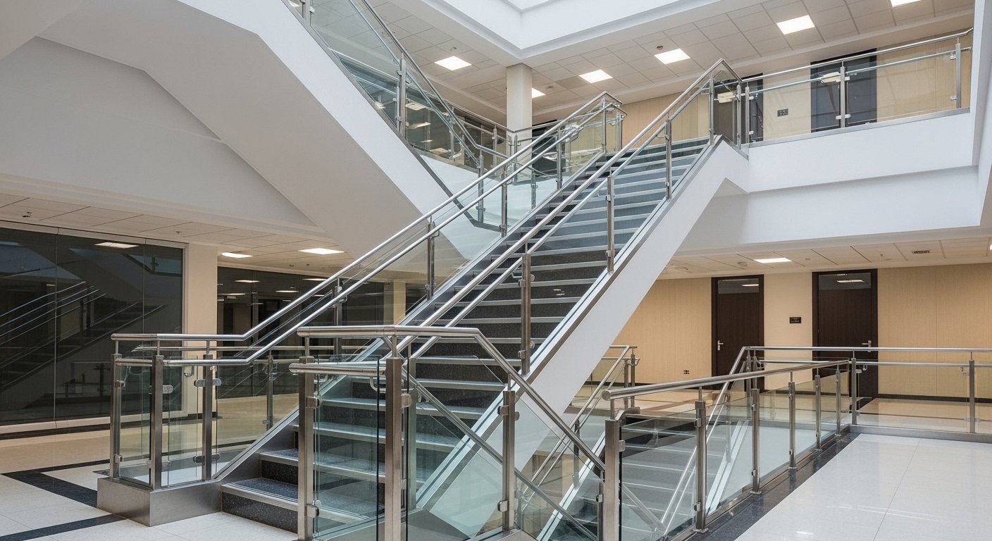 Commercial staircase glass and SS railing — institutional railing systems India