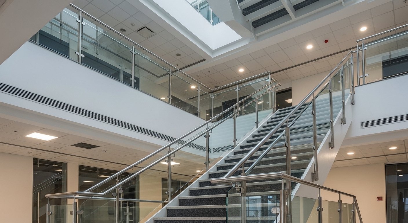 Staircase glass railing — SS post and glass infill installed at commercial building Hyderabad by Sun Railings