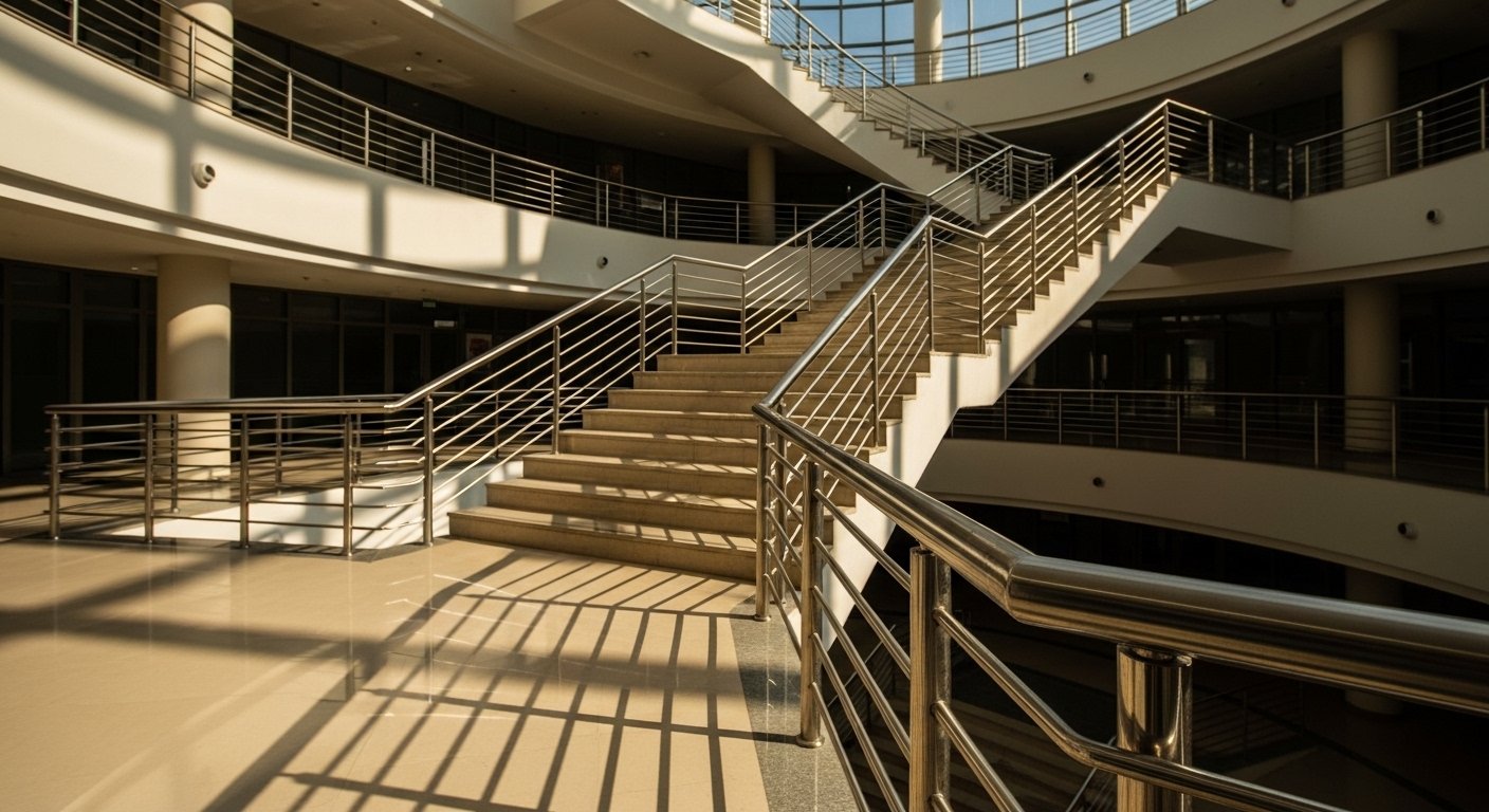 SS304 staircase railing commercial building Hyderabad by Sun Railings