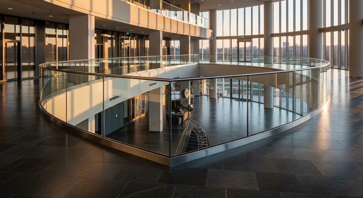 Curved frameless glass lobby railing for commercial office building — architect-specified Hyderabad