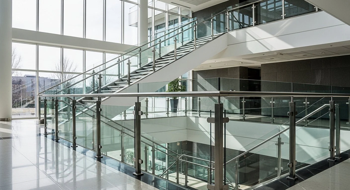 Commercial atrium SS and glass railing — technology campus circulation reference