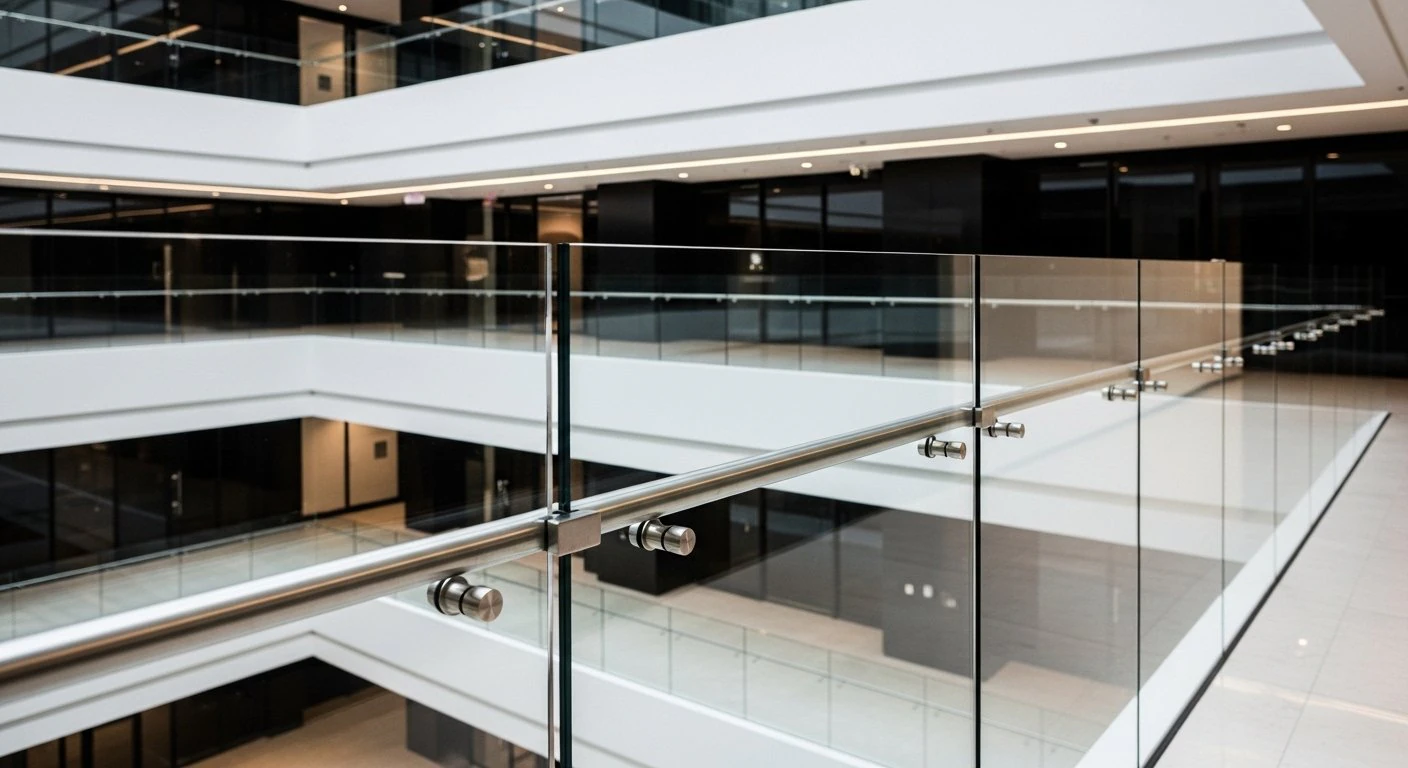Frameless glass edge railing at commercial corporate atrium — Sun Railings Hyderabad B2B installation