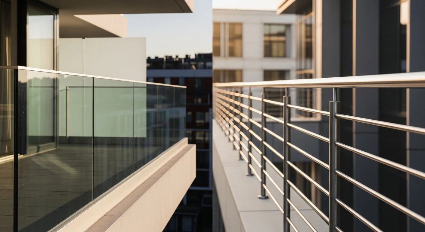Commercial terrace and podium SS railing with glass infill — developer and PMC project Hyderabad