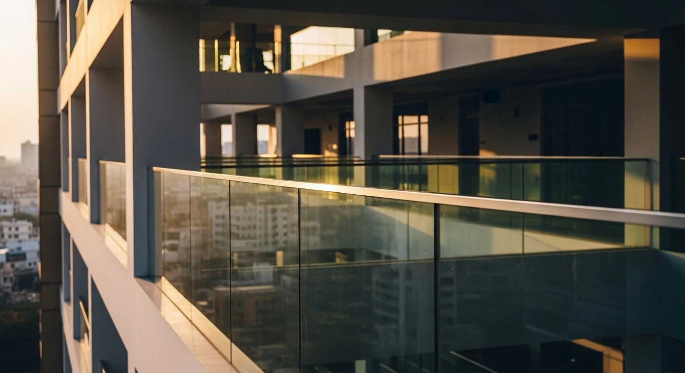 SS post with toughened glass infill railing for hotels hospitals and office campuses Hyderabad