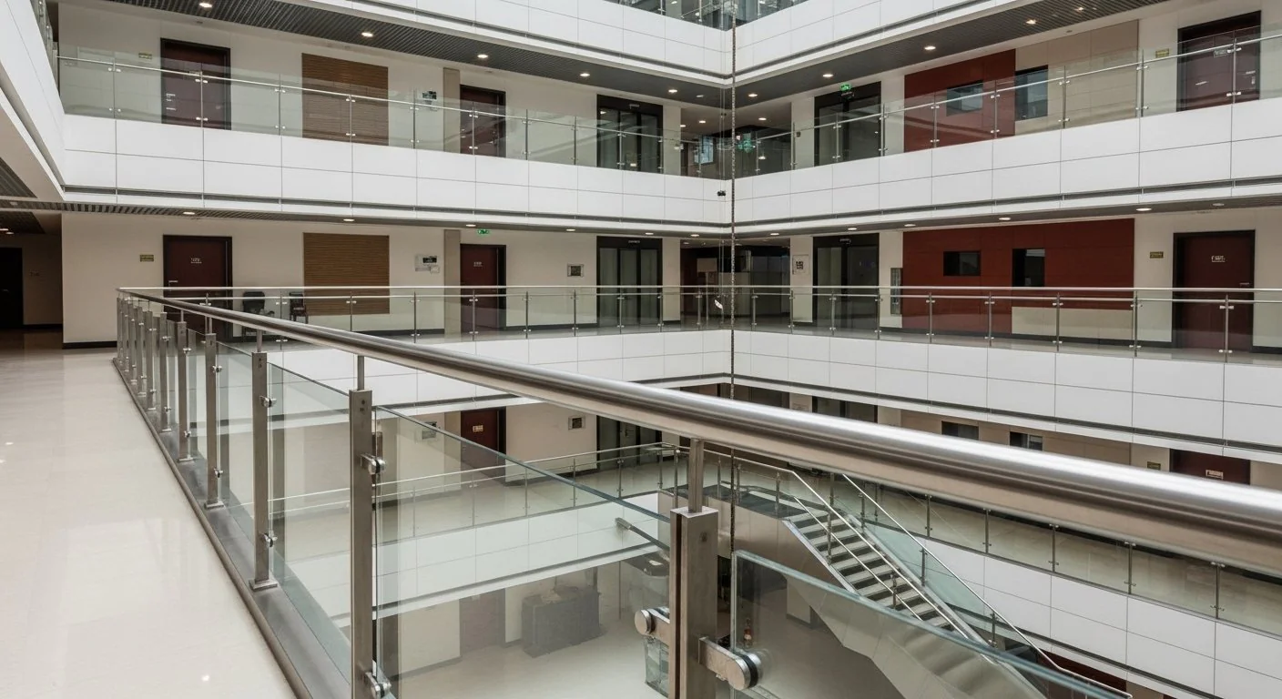 SS pipe and post railing system for commercial buildings and IT parks — Sun Railings Hyderabad