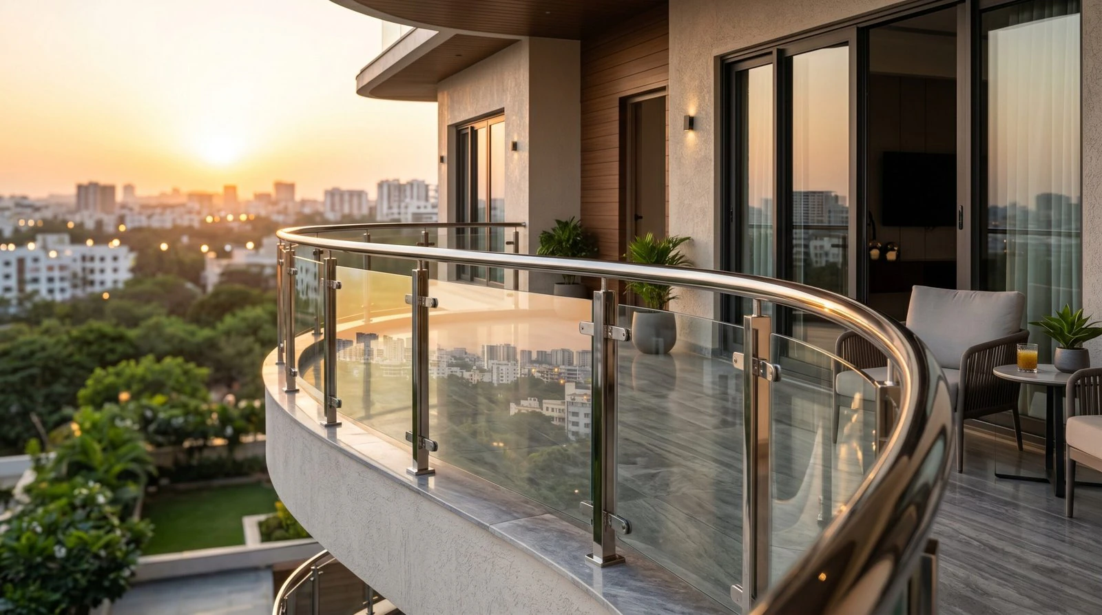 Commercial stainless steel railing with glass infill — SS304 SS316 manufacturer Hyderabad for builders and architects