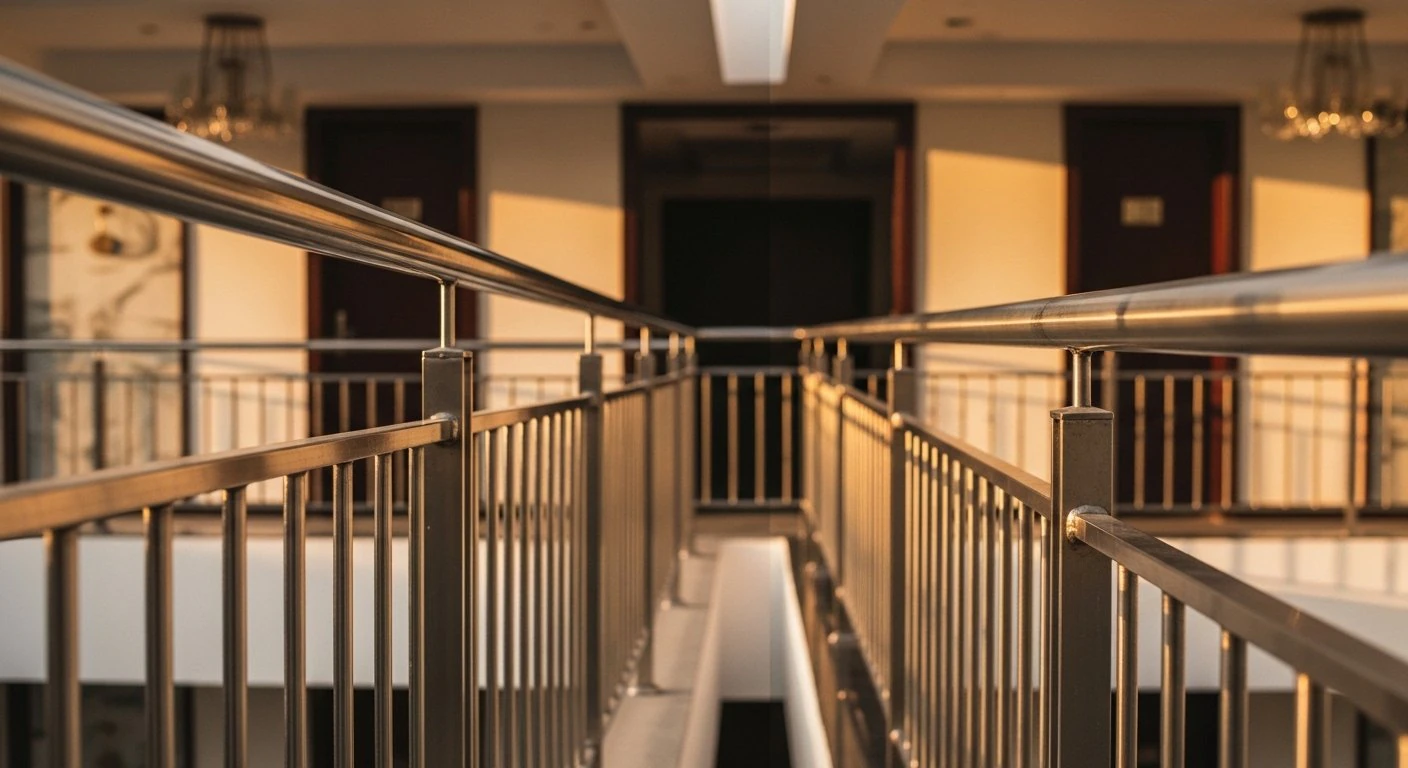 SS304 mezzanine corridor railing in warm-lit commercial building interior — Sun Railings Hyderabad