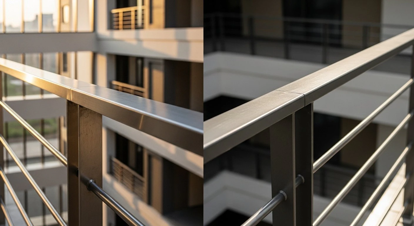 Commercial SS handrail on staircase flight — handrail manufacturer Hyderabad NBC 2016 compliant
